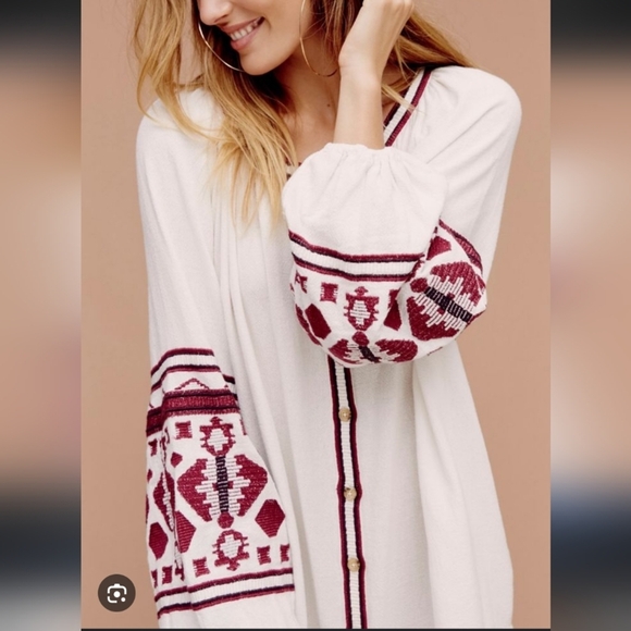 Free People | Saffron Gauze Tunic Lightweight Red and White Embroidered Size L - Picture 2 of 9